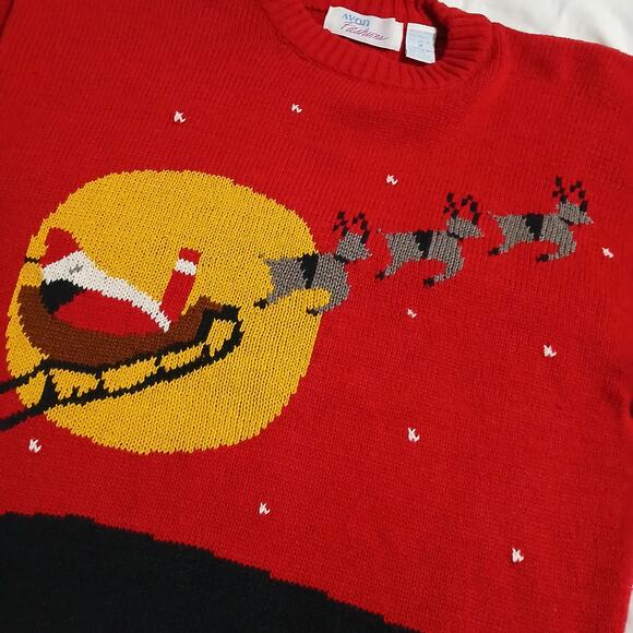 VTG AVON Fashions Women's Med Santa w/Sleigh Sweater Red/Black Ribbed Crew Neck - Picture 8 of 14